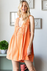 Orange Deep V-Neck Pleated Front Tie Sleeveless Romper