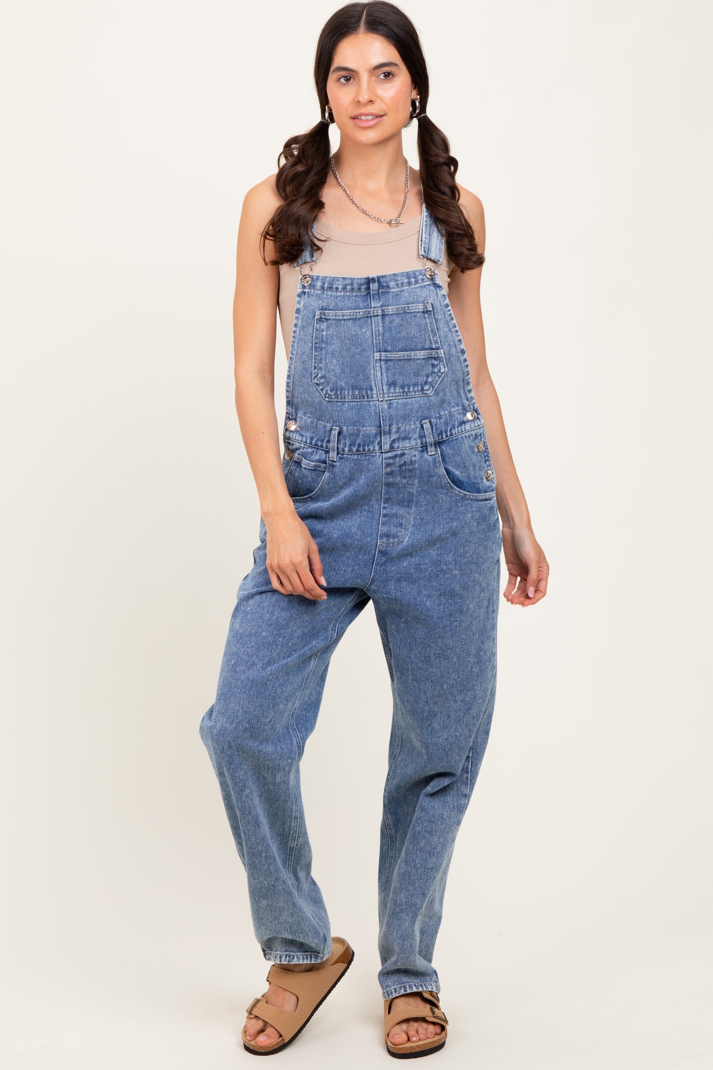 Light Blue Wash Rolled Cuff Denim Overalls