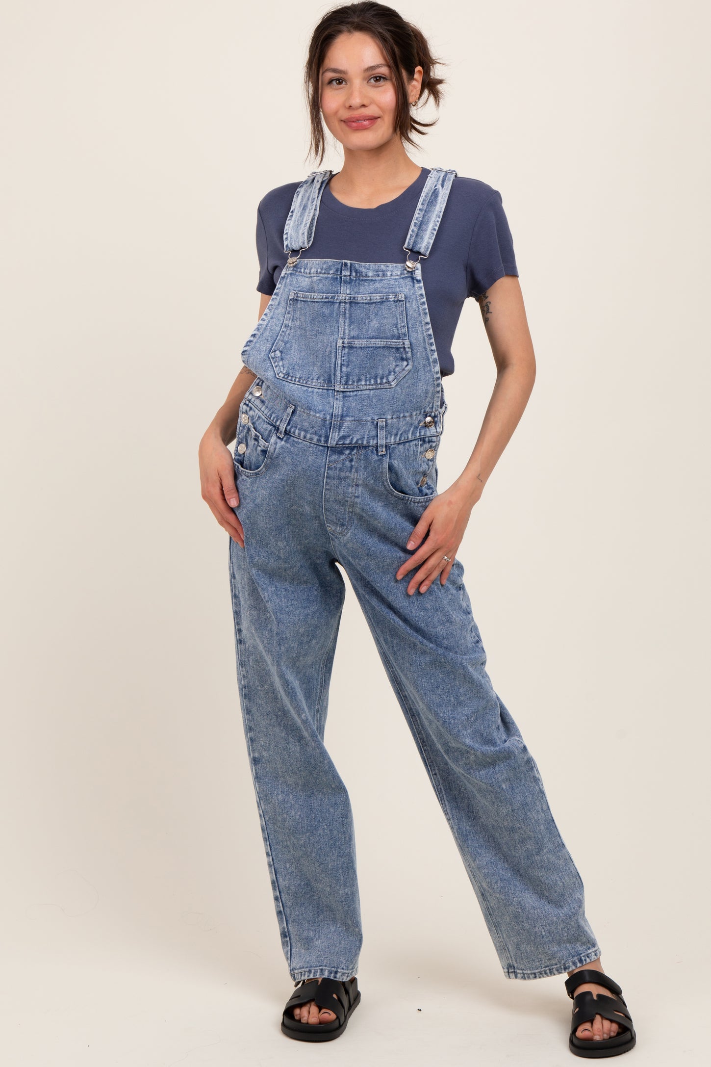 Light Blue Wash Rolled Cuff Maternity Denim Overalls