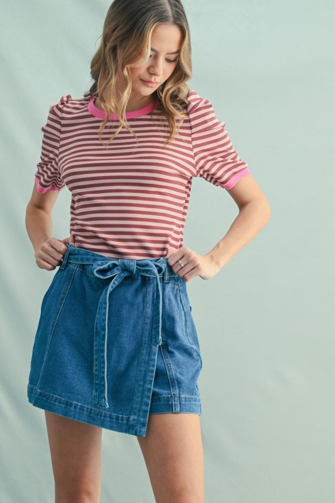 Burgundy Striped Ribbed Puff Sleeve Top