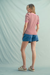 Burgundy Striped Ribbed Puff Sleeve Top