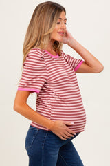 Burgundy Striped Ribbed Puff Sleeve Maternity Top