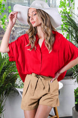 Red Dolman Sleeve Button Down Blouse