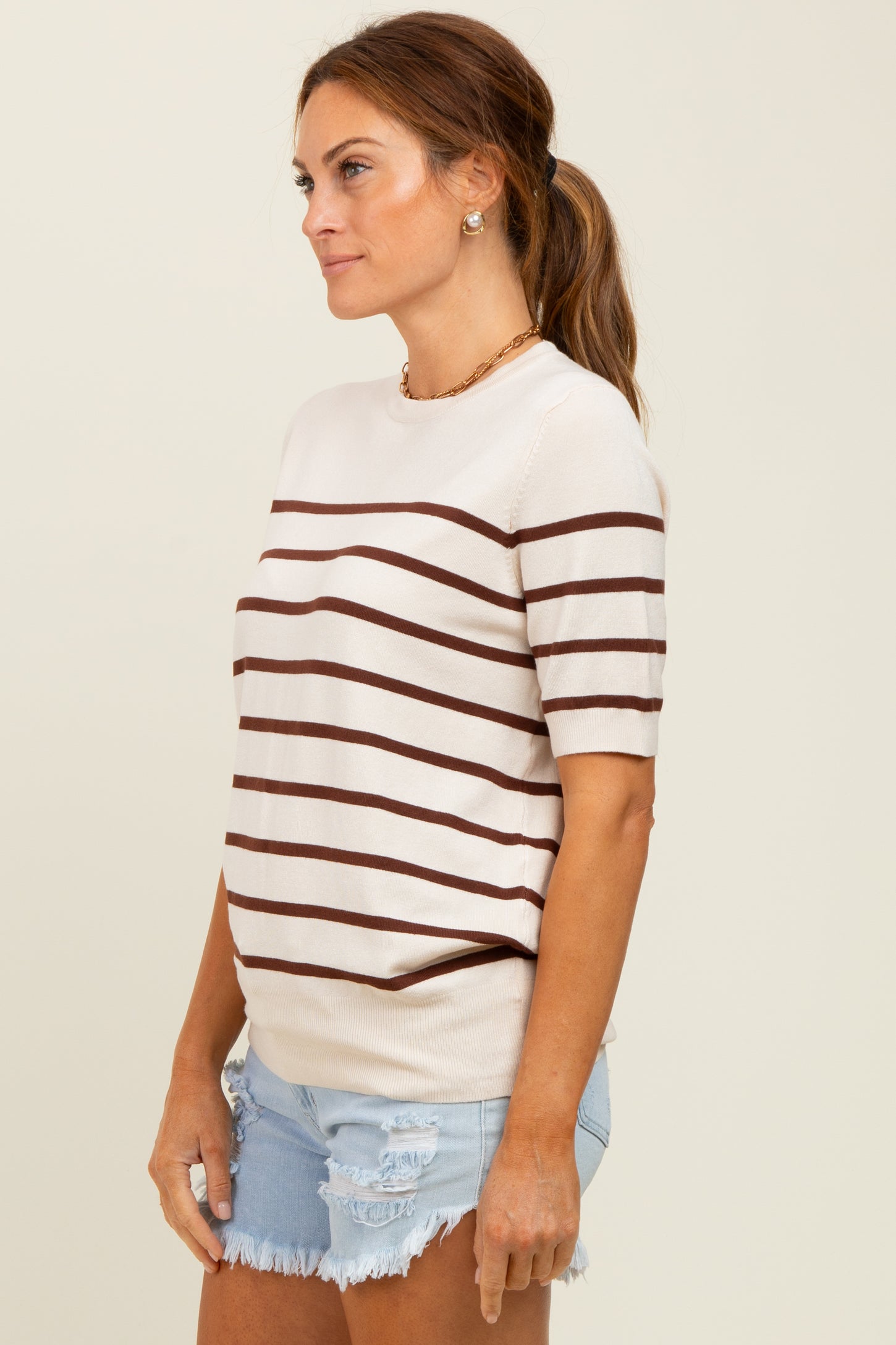 Brown Striped Knit Short Sleeve Top