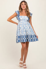 Blue Damask Ruffle Sleeve Maternity Mini Dress