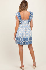 Blue Damask Ruffle Sleeve Maternity Mini Dress