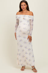 Ivory Floral Mesh Off Shoulder Foldover Maternity Maxi Dress