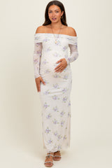 Ivory Floral Mesh Off Shoulder Foldover Maternity Maxi Dress