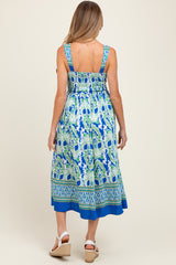 Royal Blue Floral Sleeveless Smocked Maternity Midi Dress