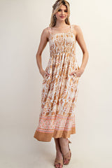 Camel Floral Sleeveless Smocked Midi Dress