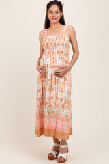 Camel Floral Sleeveless Smocked Maternity Midi Dress