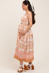 Camel Floral Sleeveless Smocked Maternity Midi Dress