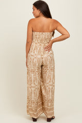 Light Mocha Printed Strapless Front Tie Maternity Jumpsuit