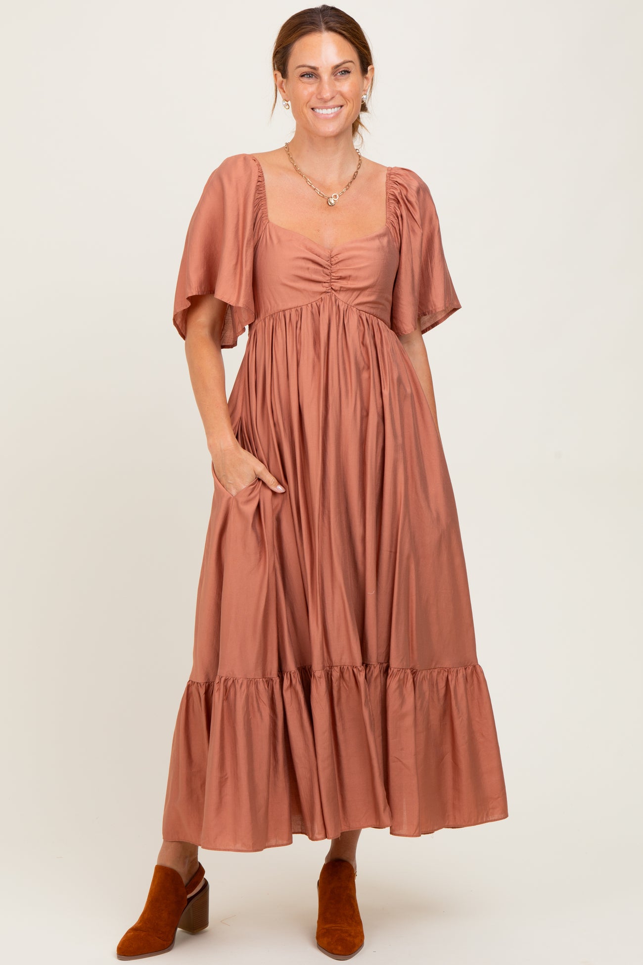 Rust Flutter Sleeve Ruffle Hem Maternity Midi Dress