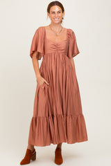 Rust Flutter Sleeve Ruffle Hem Maternity Midi Dress