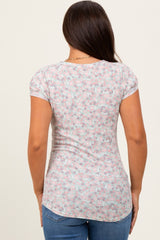 Light Olive Floral Button Detail Short Sleeve Maternity Top