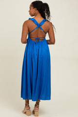 Blue Ruffle Strap Cutout Tie Back Midi Dress
