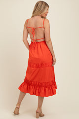 Coral Ruffle Accent Backless Tie Detail Maternity Midi Dress