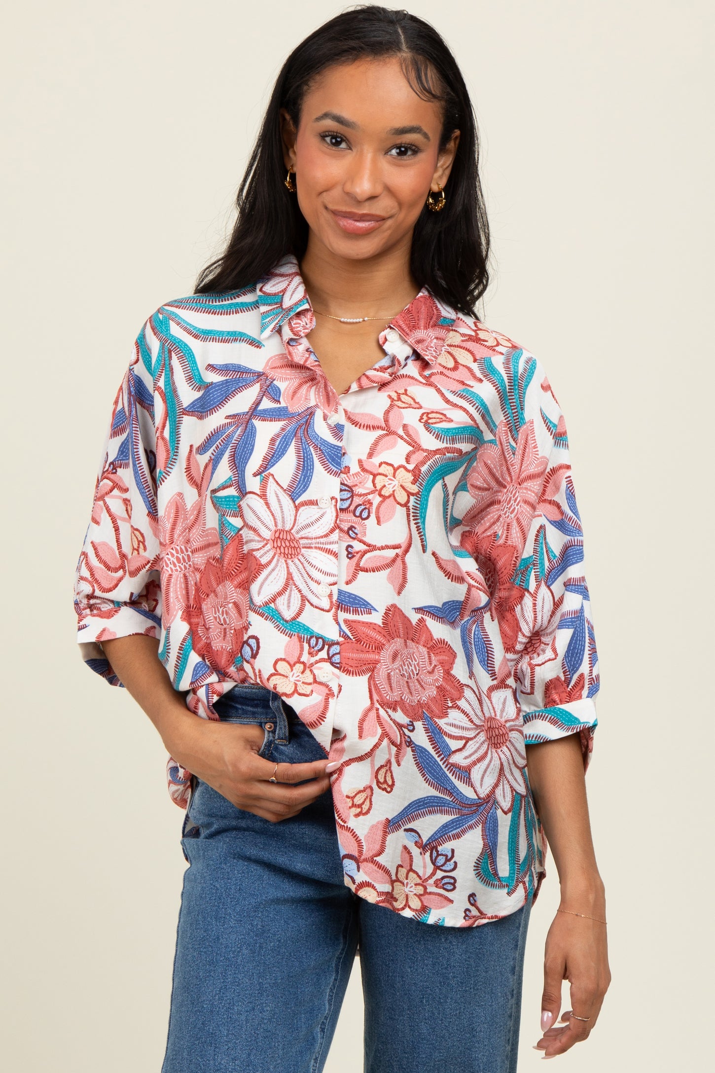 Pink Floral Embroidered Oversized Short Sleeve Maternity Blouse