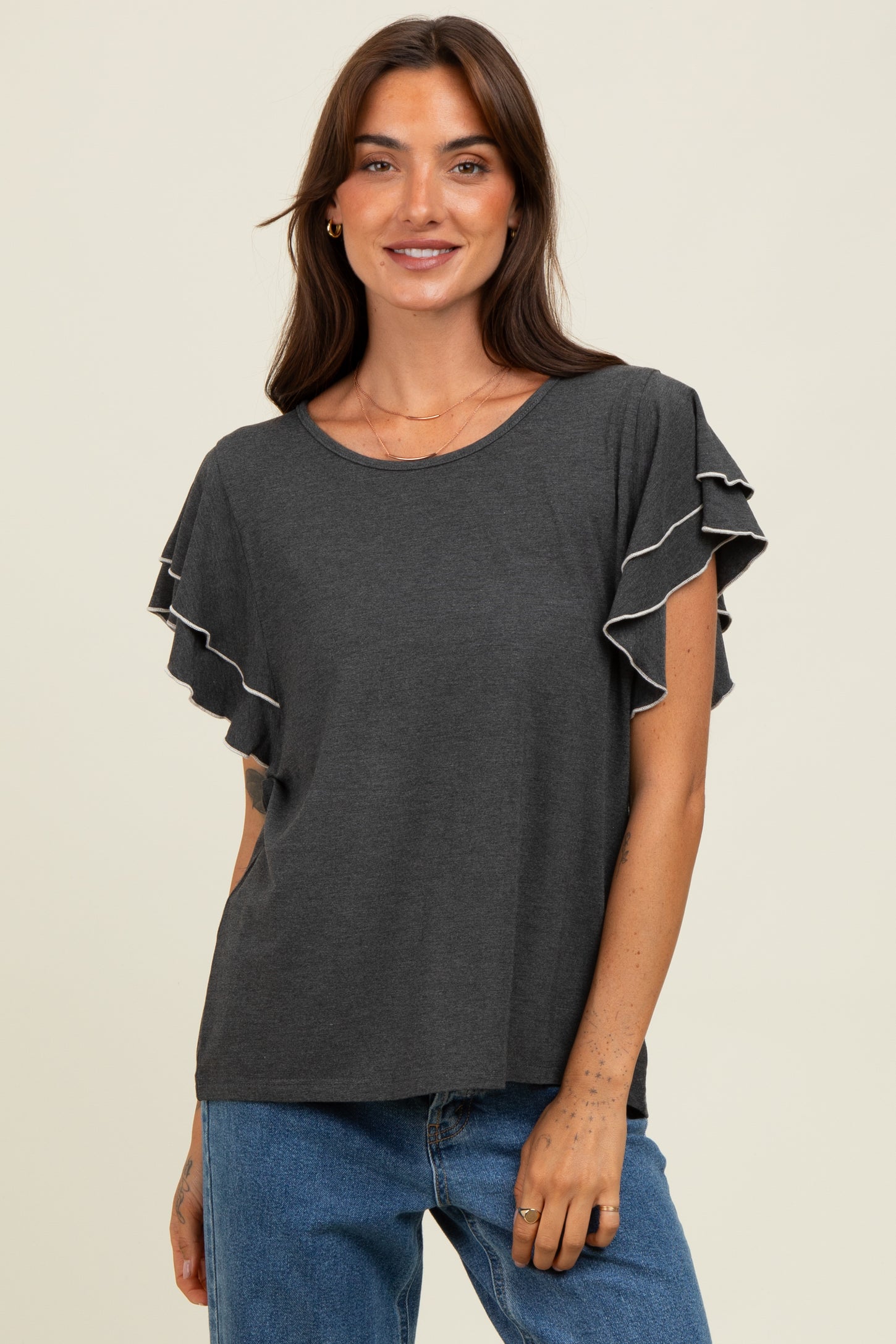 Charcoal Layered Ruffle Sleeve Top