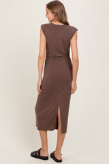 Brown Sleeveless Side Ruched Midi Dress