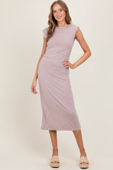 Light Pink Sleeveless Side Ruched Maternity Midi Dress