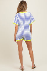 Blue Waffle Knit V-Neck Short Sleeve Maternity Romper