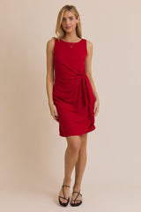 Red Boat Neck Sleeveless Side Tie Mini Dress