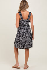 Black Floral Square Neck Ruffle Strap Tiered Maternity Dress