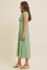 Green Button-Down Polka Dot Shirred Bow Midi Dress