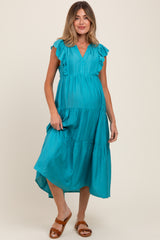 Aqua Ruffle Sleeve Tiered Maternity Midi Dress