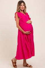 Fuchsia Ruffle Sleeve Tiered Maternity Midi Dress
