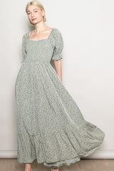 Light Olive Floral Lace Trim Smocked Maternity Maxi Dress