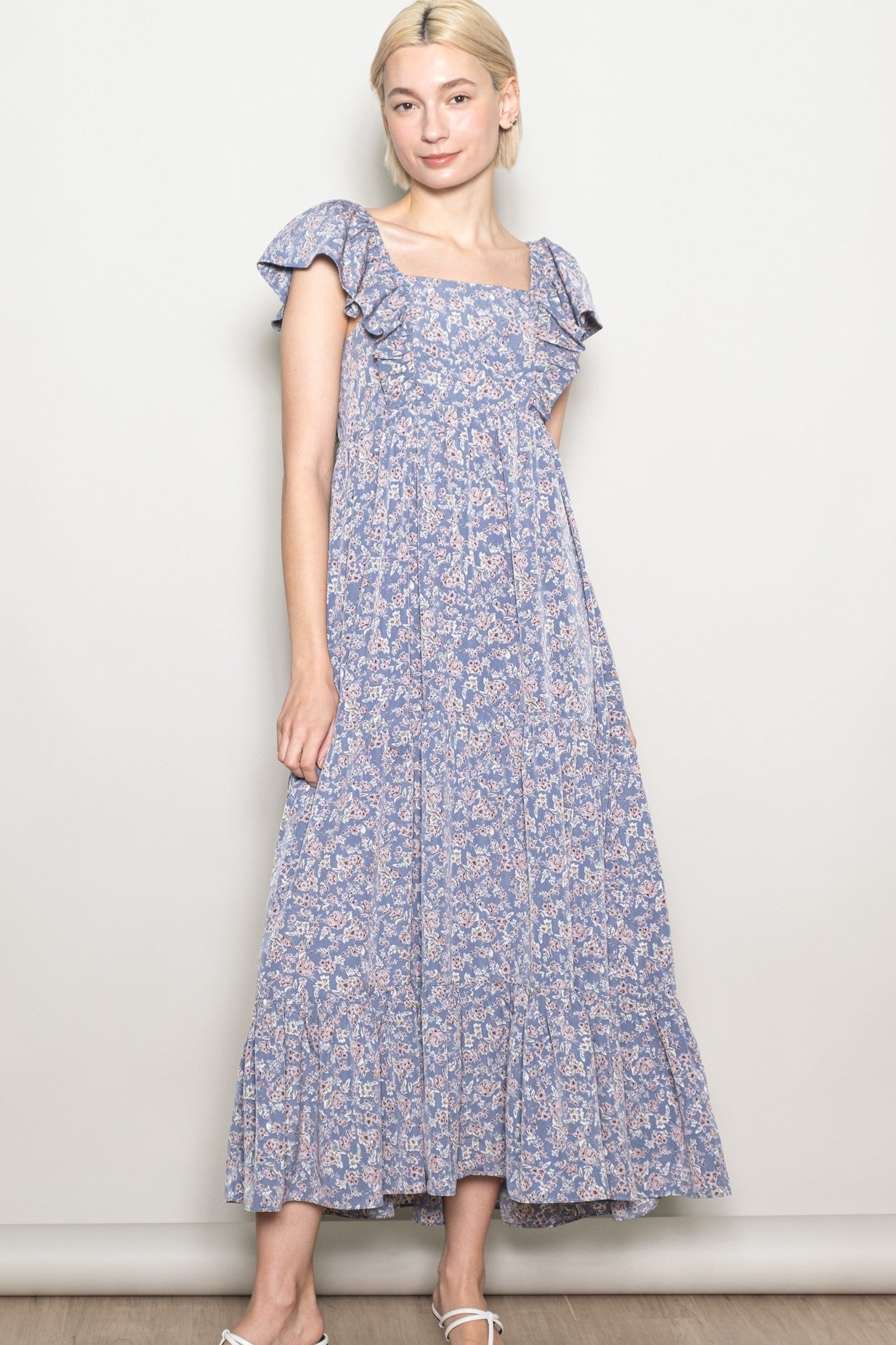 Blue Floral Ruffle Sleeve Maternity Maxi Dress