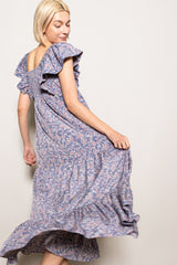 Blue Floral Ruffle Sleeve Maxi Dress