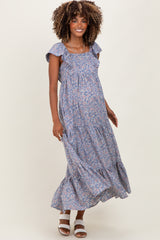 Blue Floral Ruffle Sleeve Maternity Maxi Dress