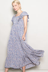 Blue Floral Ruffle Sleeve Maxi Dress