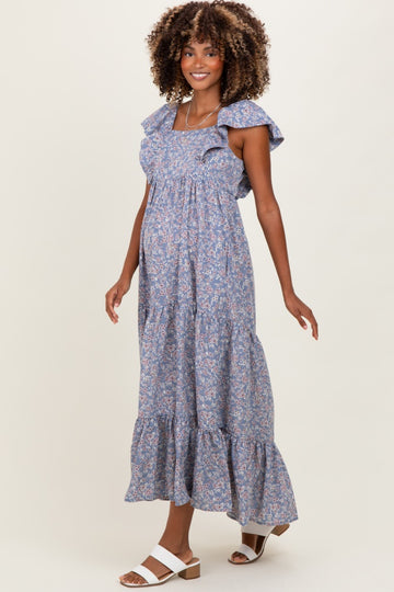 Blue Floral Ruffle Sleeve Maternity Maxi Dress