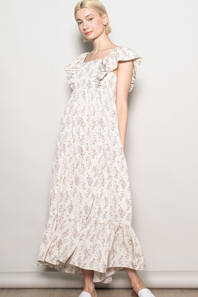Ivory Floral Ruffle Sleeve Maxi Dress