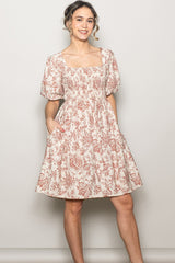 Rust Floral Smocked Puff Sleeve Dress
