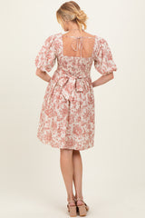Rust Floral Smocked Puff Sleeve Maternity Dress
