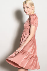 Mauve Satin Smocked Mock Neck Dress