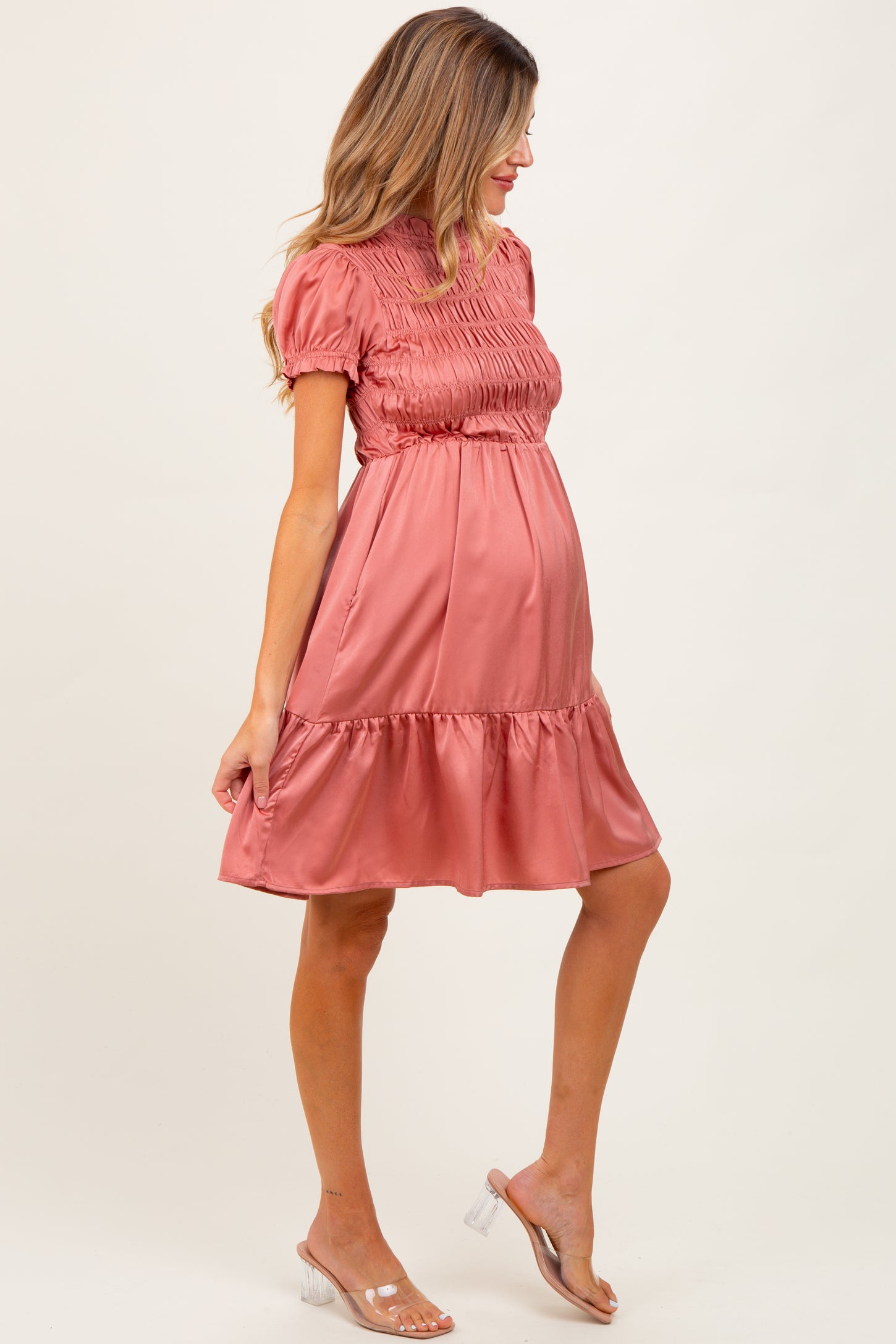Mauve Satin Smocked Mock Neck Maternity Dress