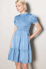 Light Blue Satin Smocked Mock Neck Dress