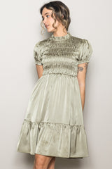 Light Olive Satin Smocked Mock Neck Dress