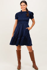 Navy Satin Smocked Mock Neck Maternity Dress