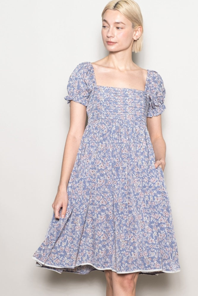 Blue Floral Pleated Bodice Puff Sleeve Maternity Dress