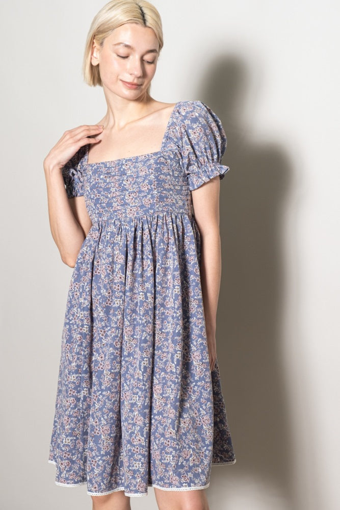 Blue Floral Pleated Bodice Puff Sleeve Dress