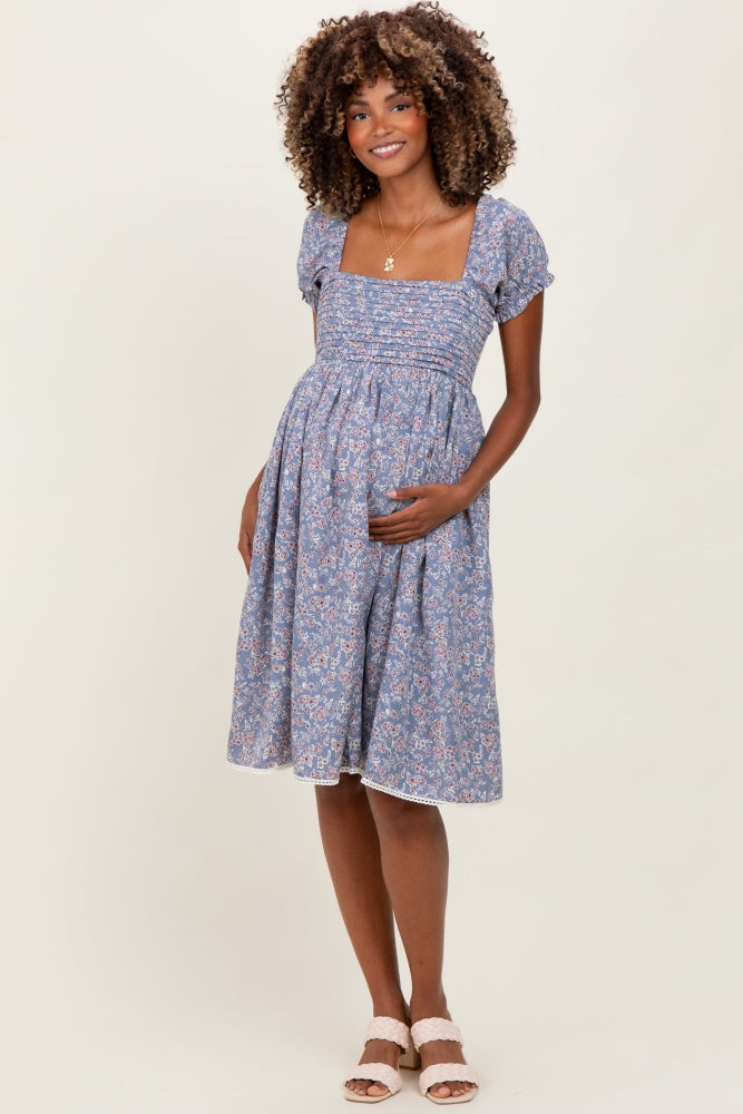 Blue Floral Pleated Bodice Puff Sleeve Maternity Dress