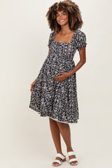 Black Floral Pleated Bodice Puff Sleeve Maternity Dress